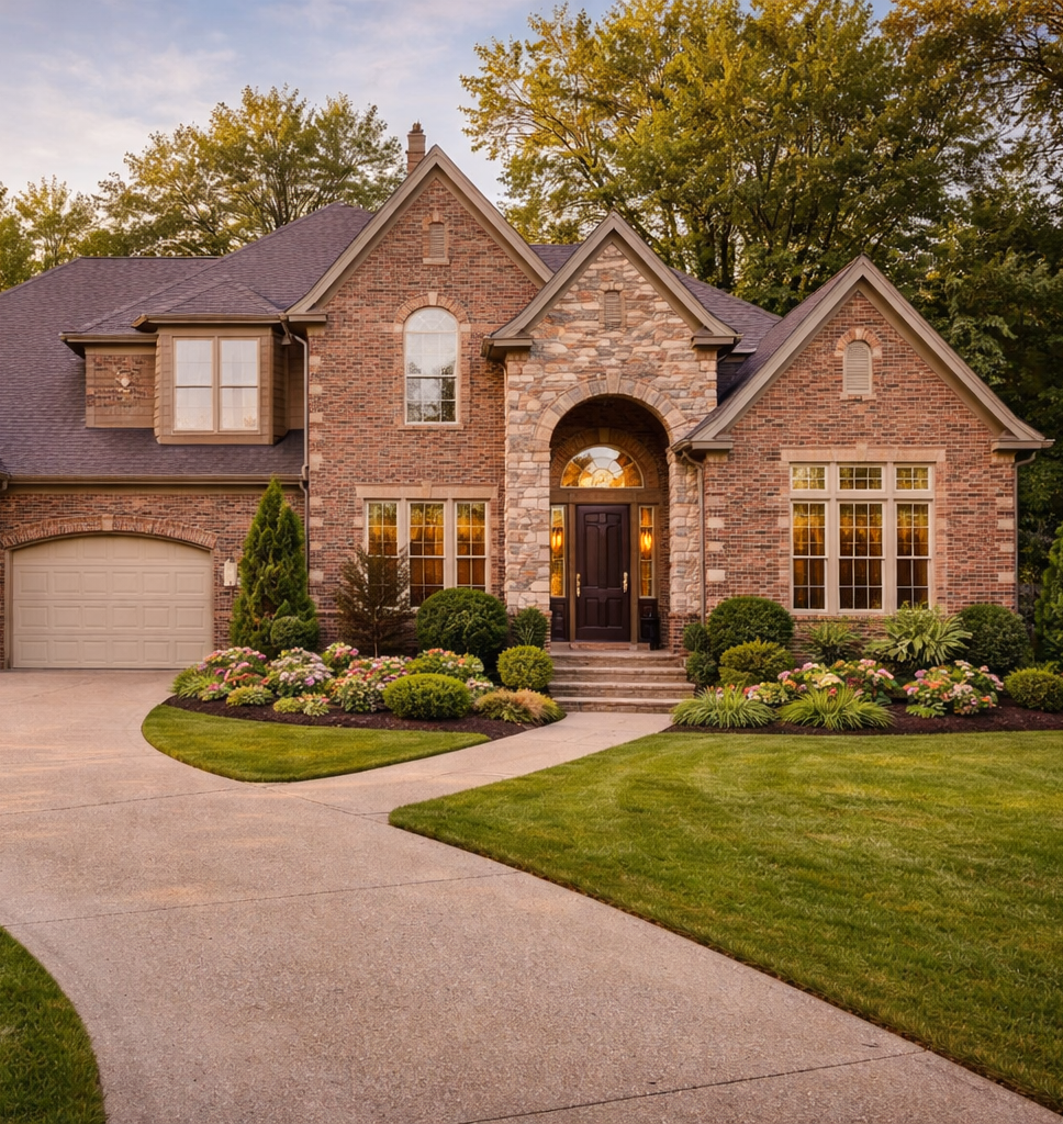 elegant brick home with lush garden